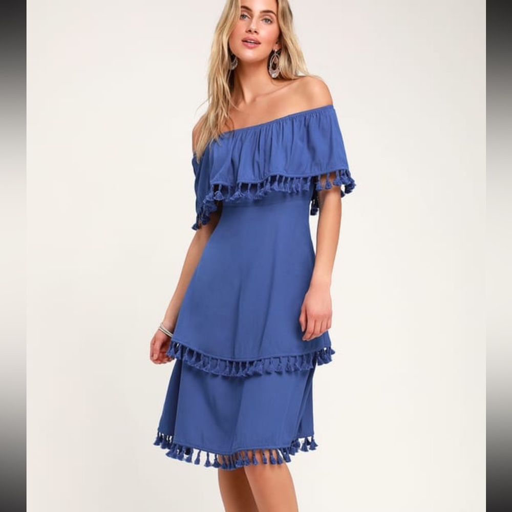 Pensacola Blue Off-the-Shoulder Tasseled Midi Dress